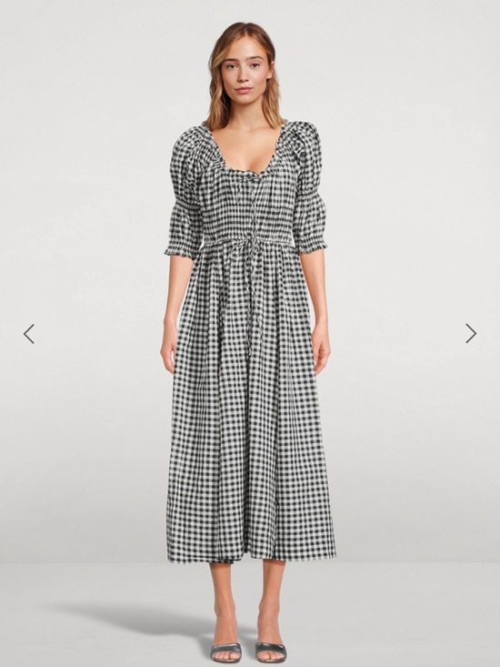 Doen Dresses & Skirts - Doen Black & White Gingham Puff-Sleeve Midi Dress with Shirred Bodice